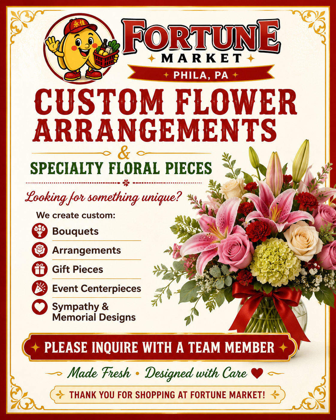 Fortune Market custom flower arrangements and specialty floral pieces